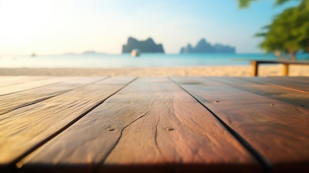 Pusty drewniany stół z niewyraźnym tłem tajlandzkiej plaży