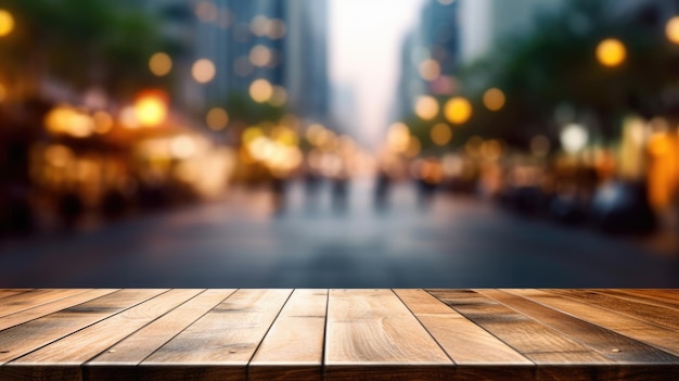 Pusty drewniany stół z niewyraźnym tłem ulicy w centrum dzielnicy biznesowej z ludźmi chodzącymi radosnie