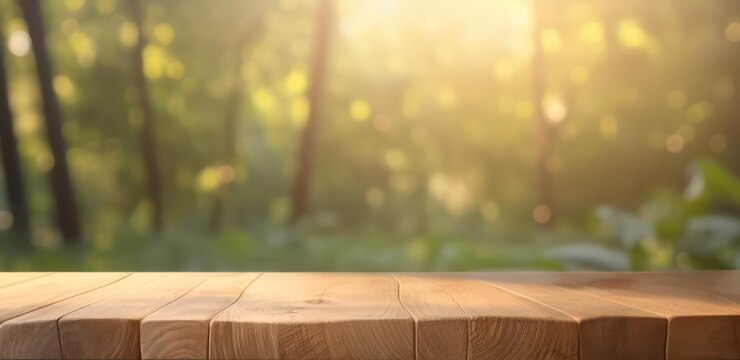 pusty drewniany stół z pięknym wiosennym naturalnym tłem w tle natury Generative AI