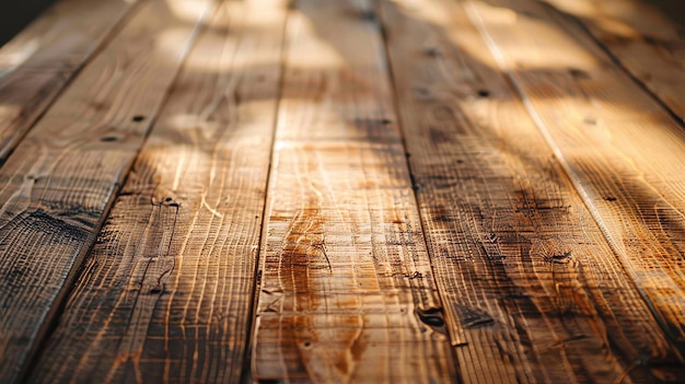Pusty drewniany stół z subtelnym połyskiem, ilustracja wygenerowana przez sztuczną inteligencję