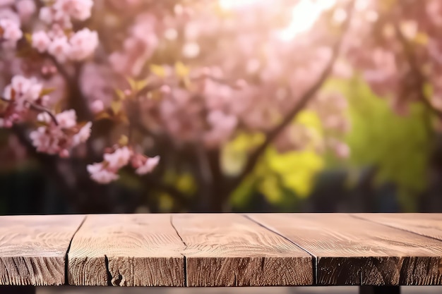 Pusty drewniany stół z szablonem makiety sakura i bokeh na zewnątrz do ekspozycji produktu