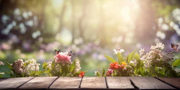 Pusty drewniany stół z wiosennym kwiatem i motylem tłem Generative Ai