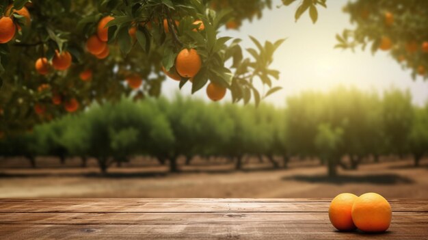 Pusty drewniany stół z wolną przestrzenią nad drzewami pomarańczowymi pomarańczowe tło pola Do montażu wyświetlacza produktu Generative AI