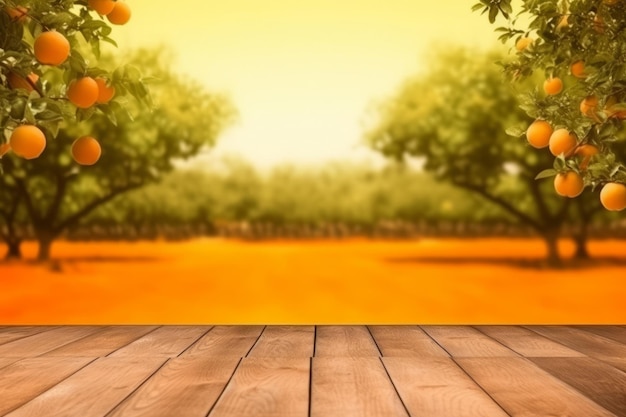 Pusty drewniany stół z wolną przestrzenią nad drzewami pomarańczowymi Pomarańczowe tło pola Do wyświetlania produktu