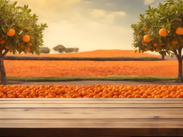 Pusty drewniany stół z wolną przestrzenią nad drzewami pomarańczowymi tło pomarańczowego pola