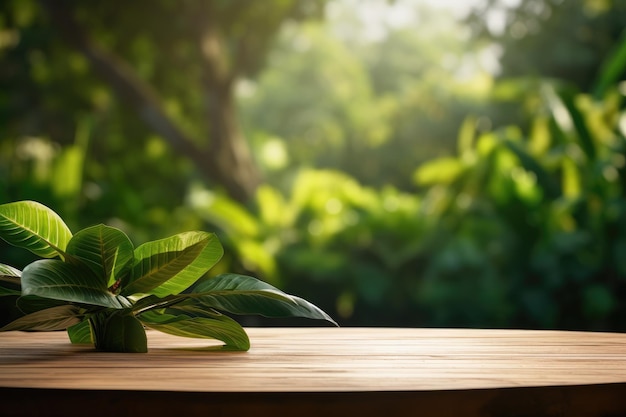 pusty drewniany stolik podium w ogrodzie otwarty las rozmyte zielone rośliny tło z przestrzenią produkt organiczny przedstawia naturalne umieszczenie piedestalu wyświetlania wiosny i lata koncepcja