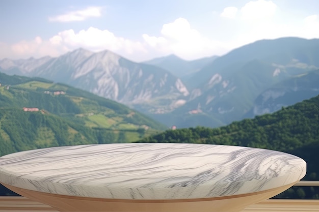 Pusty drewniany taras z widokiem na park narodowy Austrii na tle Generative ai