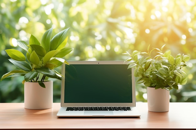 Pusty ekran laptopa na biurku z zielonym tłem makiety AI