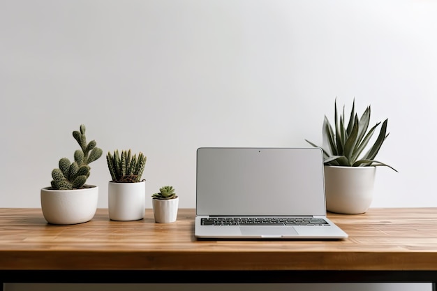 Pusty ekran laptopa z kaktusem myszy i wazonem z kwiatami na jednolitym kolorowym tle