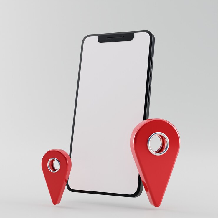 Pusty ekran smartfona z czerwony wskaźnik mapę ikona renderowania 3d