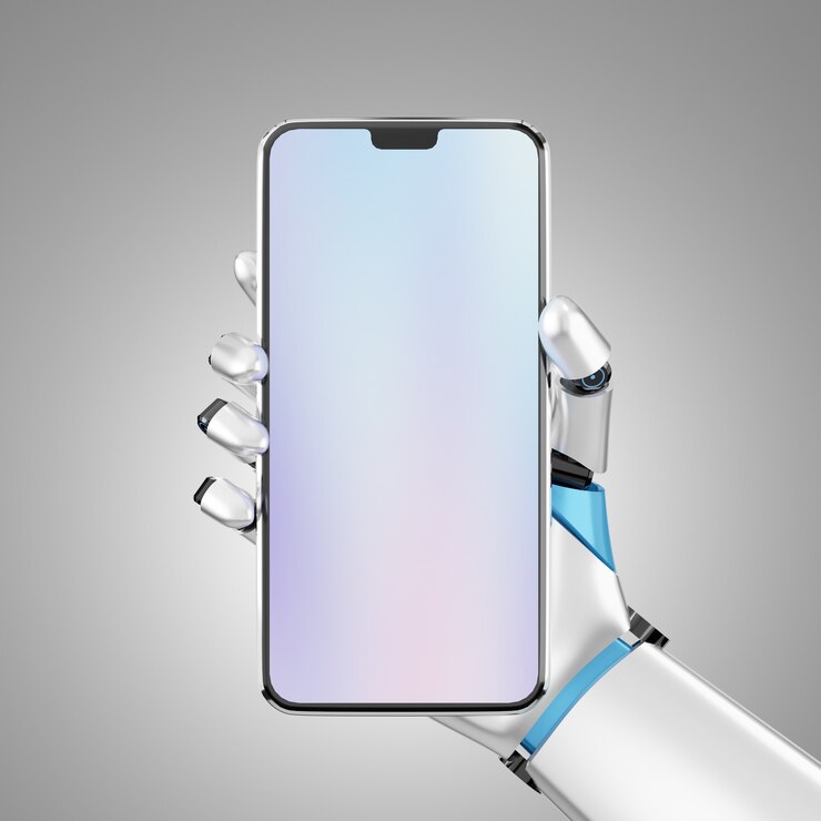 Zdjęcie pusty ekran smartphone mobilne trzymać ręką robota do prezentacji. obraz ze ścieżką przycinającą. obraz 3d ilustracji.