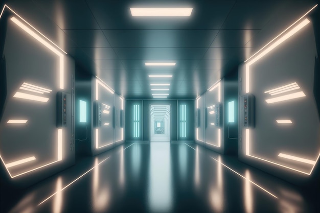 Pusty futurystyczny pokój scifi statku kosmicznego z dekoracją niebieskiego światła