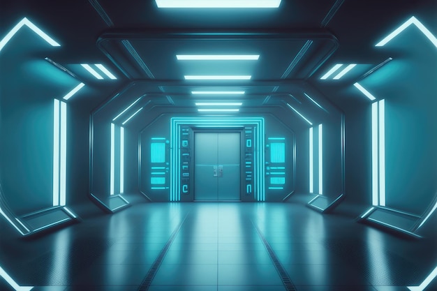 Pusty futurystyczny pokój scifi statku kosmicznego z dekoracją niebieskiego światła