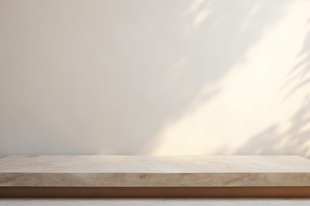 Pusty kamienny stół do prezentacji produktów na minimalistycznym tle z cieniem słonecznym