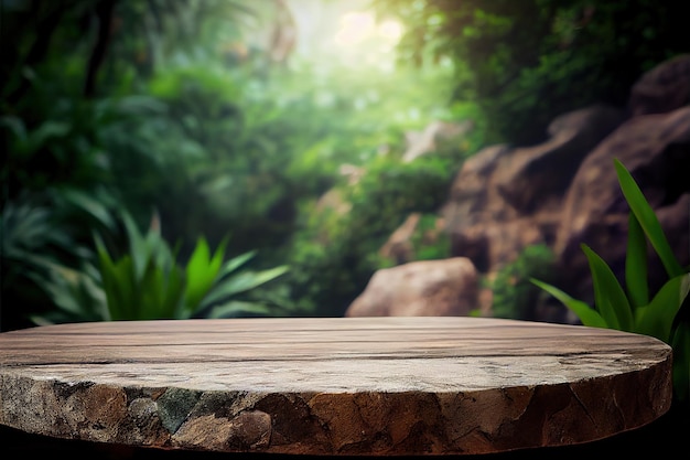 Pusty kamienny stół do wyświetlania reklam produktów w świeżej zielonej dżungli
