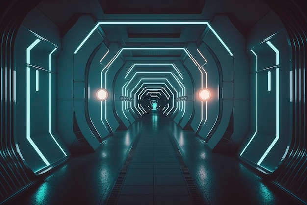 Pusty neonowy tunel futurystycznego obrazu generowanego przez technologię scifi networkAI