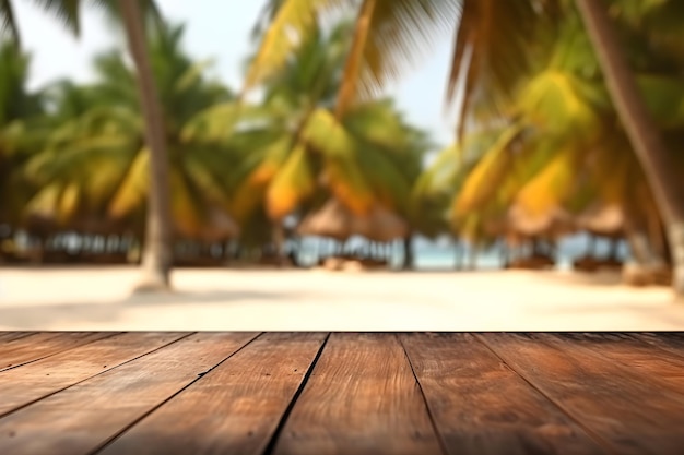 Pusty nieociosany drewniany stół w tropikalnej słonecznej plaży z zamazanym tłem ai generatywna ilustracja