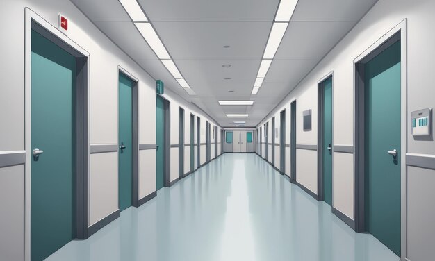 Pusty, nowoczesny korytarz szpitala.