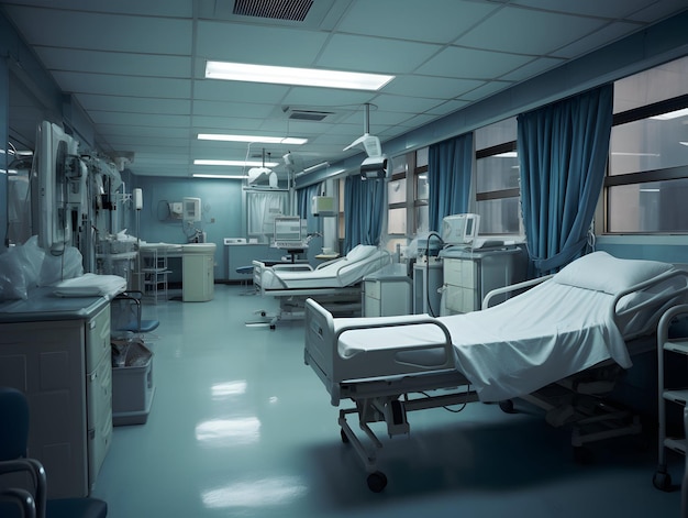 Pusty nowoczesny korytarz szpitalny kliniki korytarz tło wnętrza z krzesłami do łóżka pacjenta