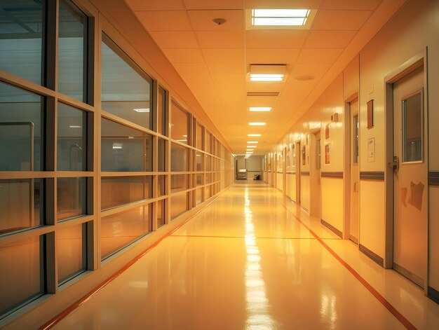 Pusty nowoczesny korytarz szpitalny kliniki korytarz tło wnętrza z krzesłami do łóżka pacjenta