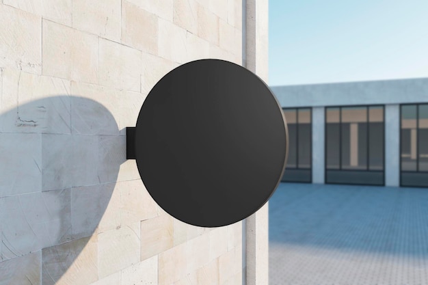 Pusty okrągły czarny korek na betonowym budynku Jasne miasto z tłem słonecznym Reklama w kawiarni lub restauracji w pubie makiety renderowania 3D