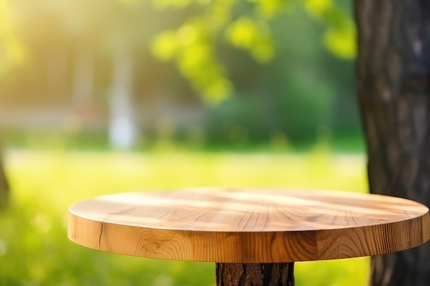 Pusty Okrągły Drewniany Stół Czas Wiosny Kwitnie Z Zielonym Tłem Natury Generative AI