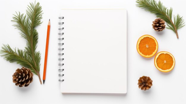pusty otwarty notebook umieszczony obok pachnących gałęzi sosny i rusztycznych suszonych pomarańczy wszystkich ustawionych na czystym białym tle
