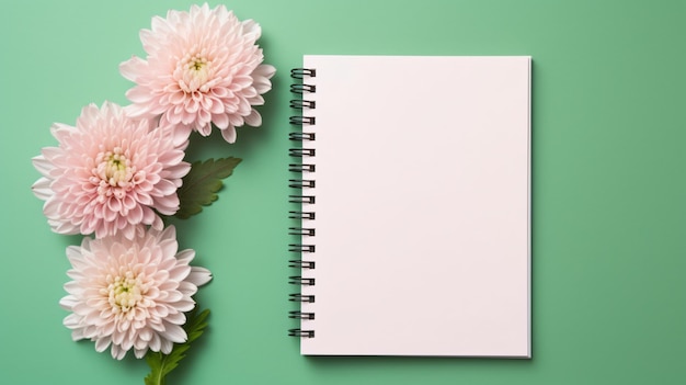 Zdjęcie pusty pamiętnik z różowymi chryzantemami z małymi kwiatami