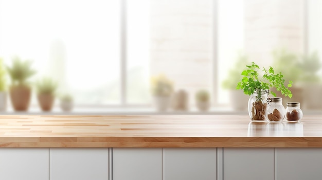 Pusty piękny drewniany blat stołu i rozmycie bokeh nowoczesnej kuchni wnętrza tła Generative AI