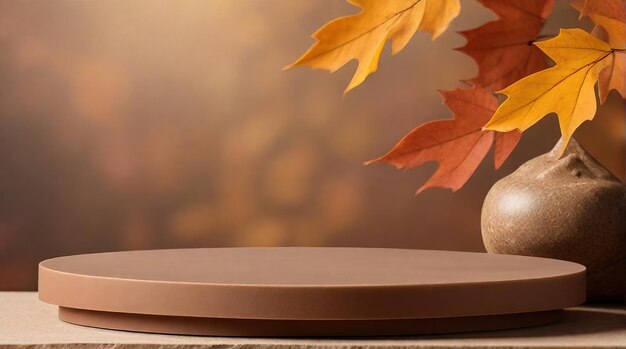 Zdjęcie pusty podium na drewnianym stole z jesiennymi liśćmi mock up dla wystawy produktów