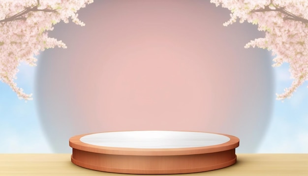 Pusty podium z drewnianym blatem wyświetlacza produktu z tłem wiosennego kwiatu wiśni