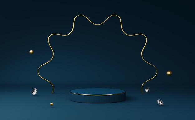 Pusty podium z geometrycznymi kształtami w niebieskiej kompozycji dla nowoczesnego wyświetlacza scenicznego i minimalistycznego maketu abstrakcyjnego tła wystawy Koncepcja ilustracja 3D lub renderowanie 3D