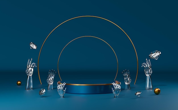 Pusty podium ze szklaną ręką i diamentem w niebieskiej kompozycji dla nowoczesnego wyświetlacza scenicznego i minimalistycznego maketu abstrakcyjnego tła wystawy Koncepcja ilustracji 3D lub renderingu 3D