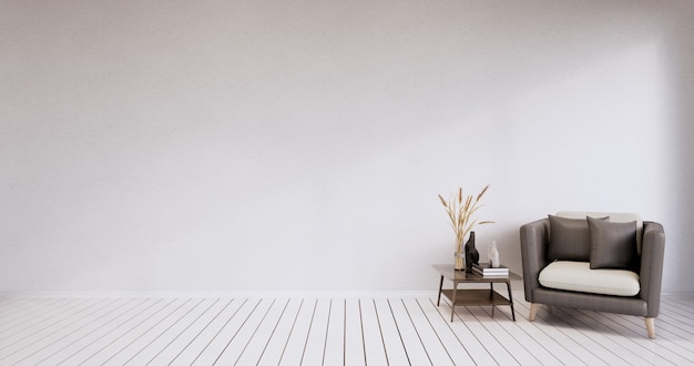 Pusty pokój - biała ściana na drewnianej podłodze wnętrza i dekoracje roślin. renderowanie 3D