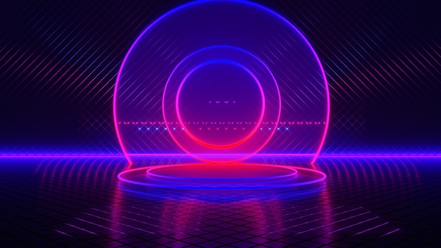 Pusty pokój, koło Neonowe światło, abstrakcyjne futurystyczne tło, koncepcja ultrafioletowa, renderowanie 3d