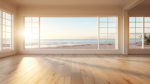 Pusty pokój w mieszkaniu z drewnianą podłogą w domu na plaży Widok na morze z okien Kopiuj przestrzeń Generacyjna sztuczna inteligencja