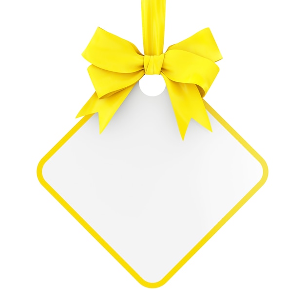 Pusty prostokątny tag sprzedaż z żółtą wstążką i łuk na białym tle. Renderowanie 3D