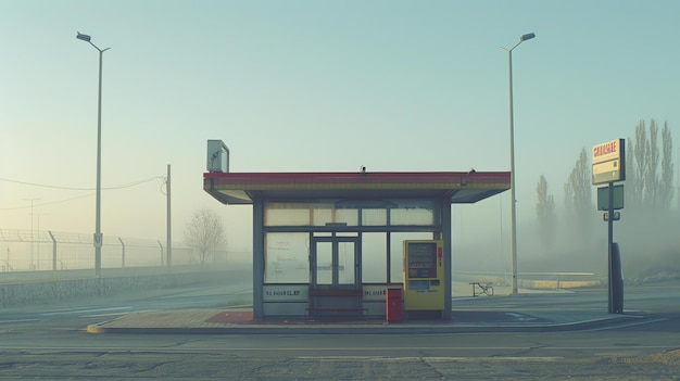 Zdjęcie pusty przystanek autobusowy w mglisty dzień przystanek busowy jest wykonany ze szkła i metalu z czerwonym dachem
