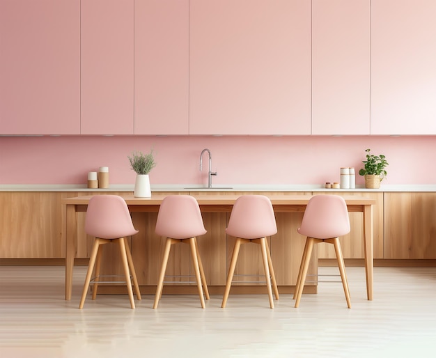 Zdjęcie pusty różowy marmurowy stół w pięknej kuchni kuchnia w słodkim różowym kolorze