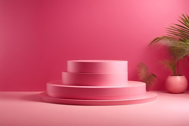 Zdjęcie pusty różowy stojak na produkty na podium, minimalny cokół na różowym tle renderowania 3d