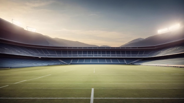 Pusty stadion piłkarski z zieloną trawą o zachodzie słońca