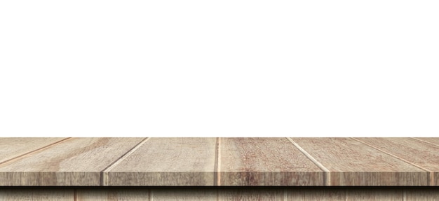 Pusty stary stół drewniany na izolowanym białym tle i montaż wyświetlacza z miejscem do kopiowania produktu