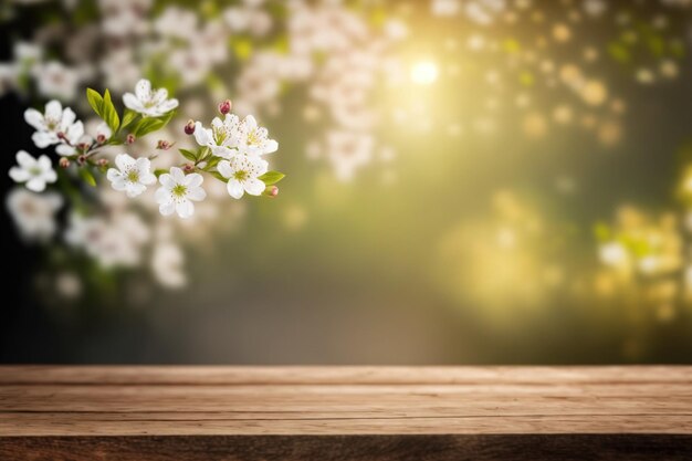Pusty stół do wyświetlania produktów z wiosennym kwiatem rozmycie tła