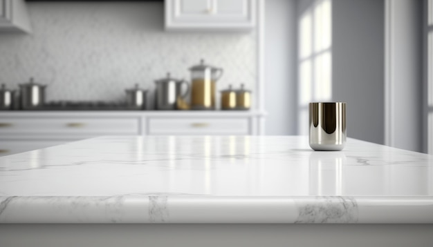 Pusty stół z białego marmuru nowoczesna kuchnia do wyświetlania produktu na tle kuchni Generative AI