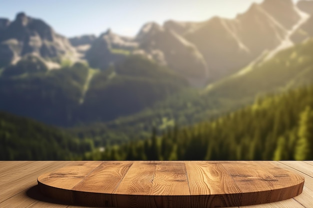 Pusty stół z drewna i rozmyte tło szablonu wyświetlania produktów górskich