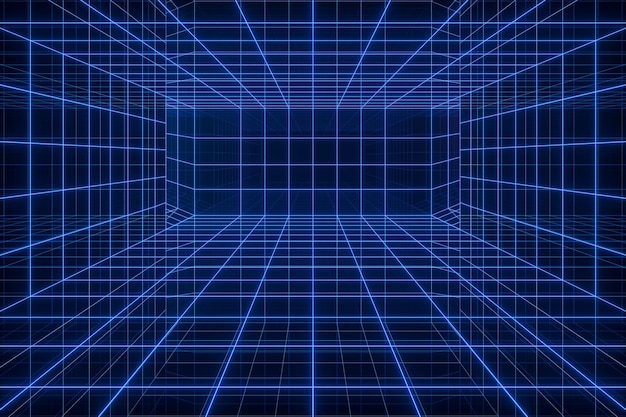 Pusty tunel cyberprzestrzeni ze świecącymi liniami renderowania 3d