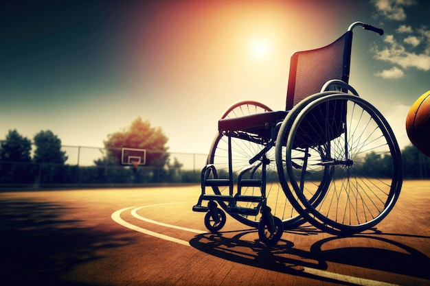 Pusty wózek inwalidzki na boisku sportowym dla wózków inwalidzkich