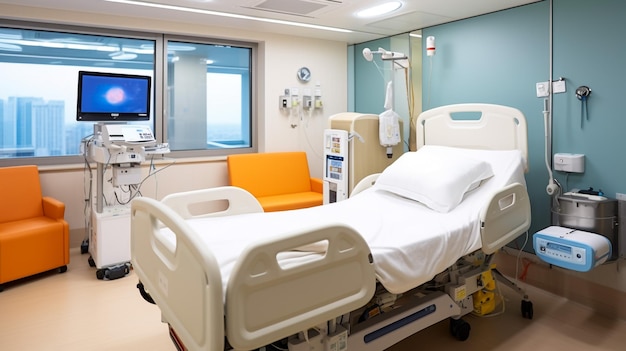 Pusty wózek medyczny na kołach stojący przy białej ścianie z niebieskim pasem wewnątrz szpitalnej komnaty lub