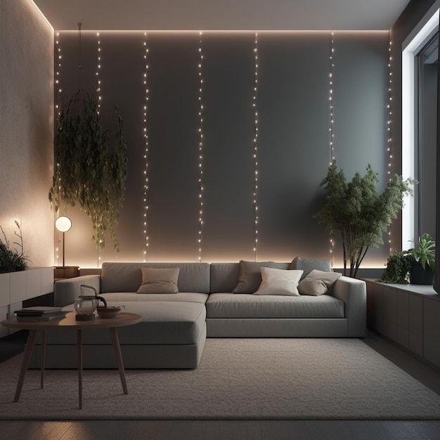 Pusty wyświetlacz świetlny Ściana nowoczesnego pokoju z oświetleniem wewnętrznym Zawiera elegancką kanapę generującą sztuczną inteligencję