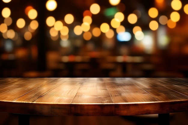 Pusty zaokrąglony drewniany stół przed abstrakcyjnym niewyraźnym światłem bokeh kawiarni